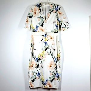 Ted Baker London Lylli Elegance Print V Neck White Bodycon Dress 4 NWT